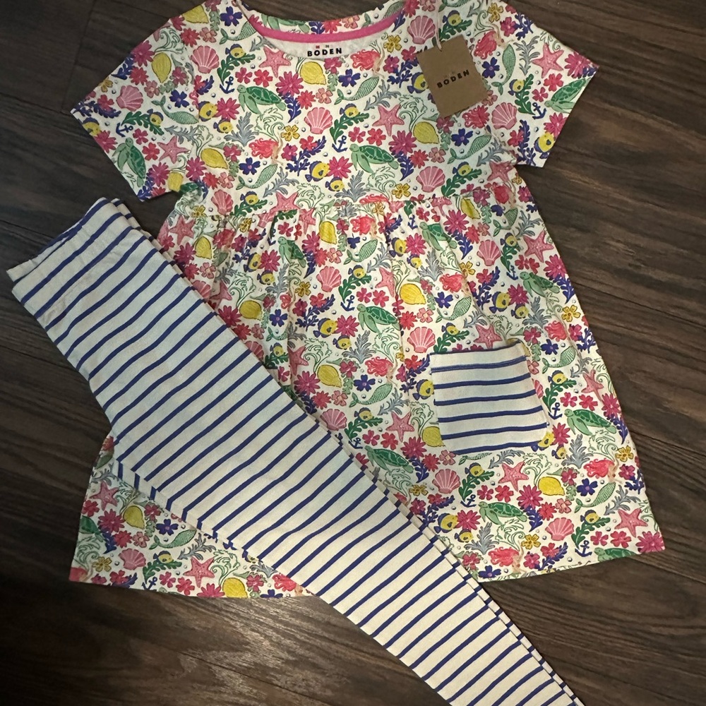 Mini Boden Under the Sea Print Tunic with matching striped leggings